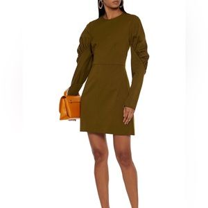 Tibi Florence Puffed Sleeve Twill Dress Size 4 in Olive Green Loden